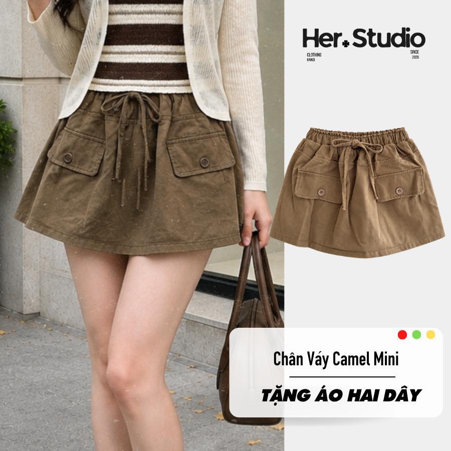 HER.STUDIO - Chân Váy Kaki Chữ A Nữ Co Giãn Có Quần Trong, Cạp Chun Dây Rút, Túi Hộp Cá Tính