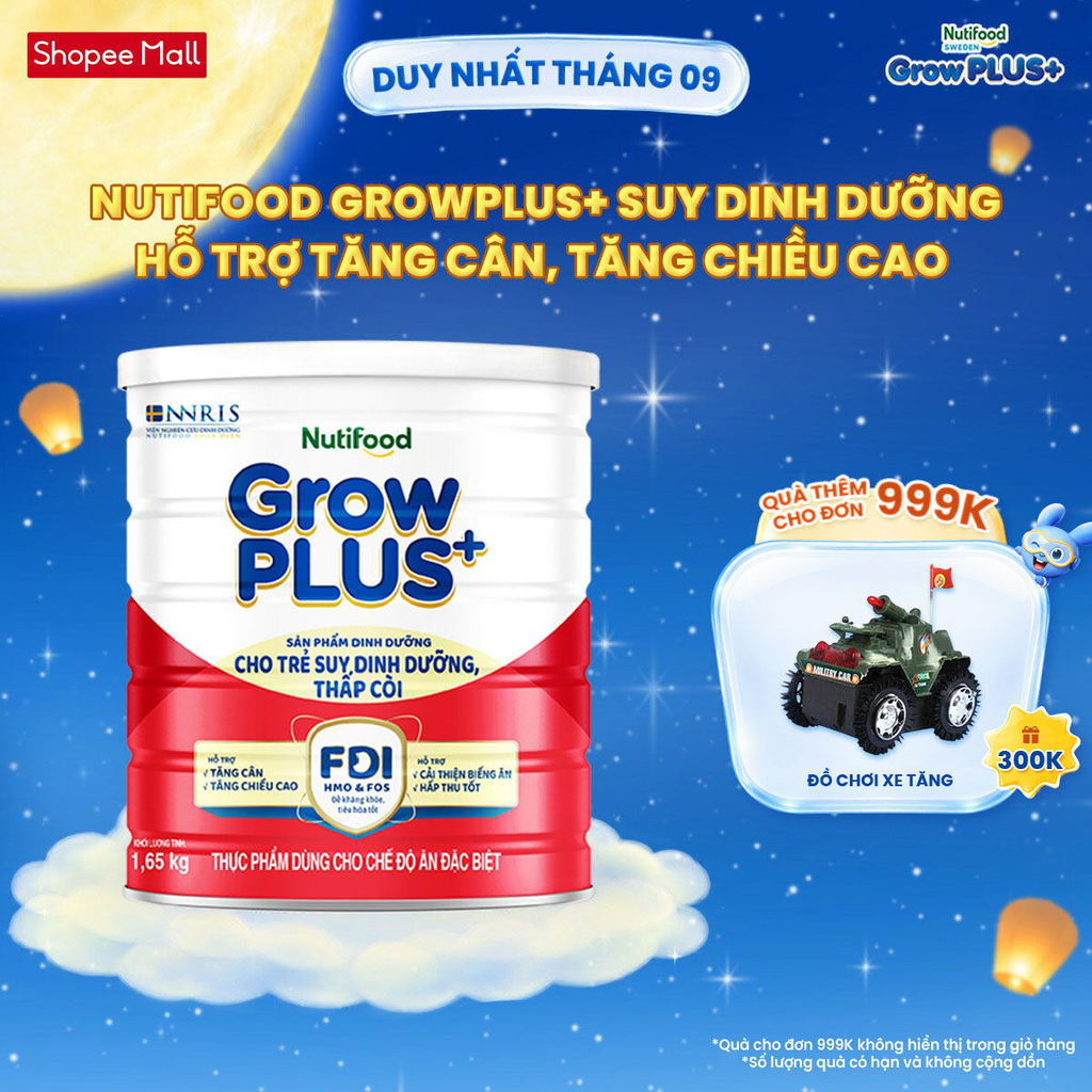 Sữa bột Nutifood GrowPLUS+ Suy Dinh Dưỡng (Đỏ) 1+ - Tăng Cân, Tăng Chiều Cao (Lon 1,65 Kg)