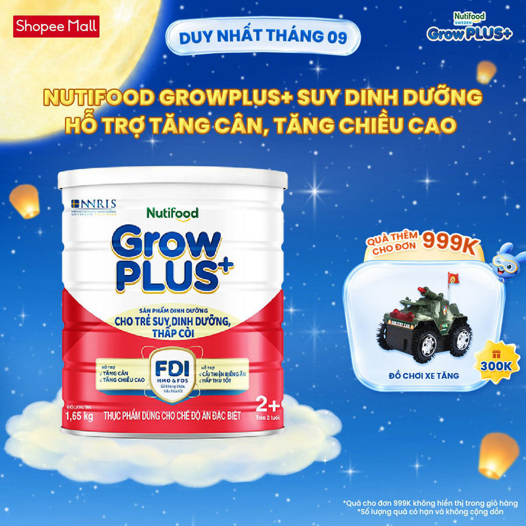 Sữa bột Nutifood GrowPLUS+ Suy Dinh Dưỡng (Đỏ) 2+ - Tăng Cân, Tăng Chiều Cao (Lon 1,65 Kg)