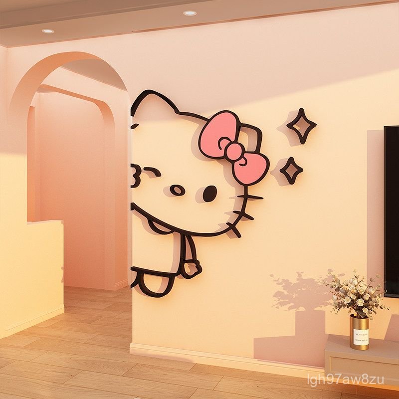 Sticker tường Hello Kitty phòng khách TV góc tường dễ thương acrylic trang trí, bán chạy giao nhanh
