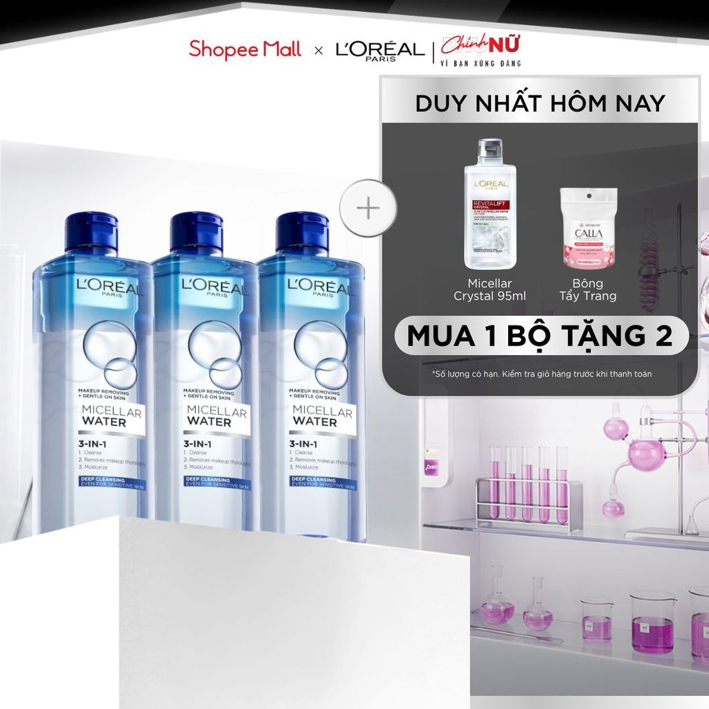 Bộ 3 nước tẩy trang đa năng 3-in-1 L'Oreal Paris Micellar sạch sâu 400ml x 3