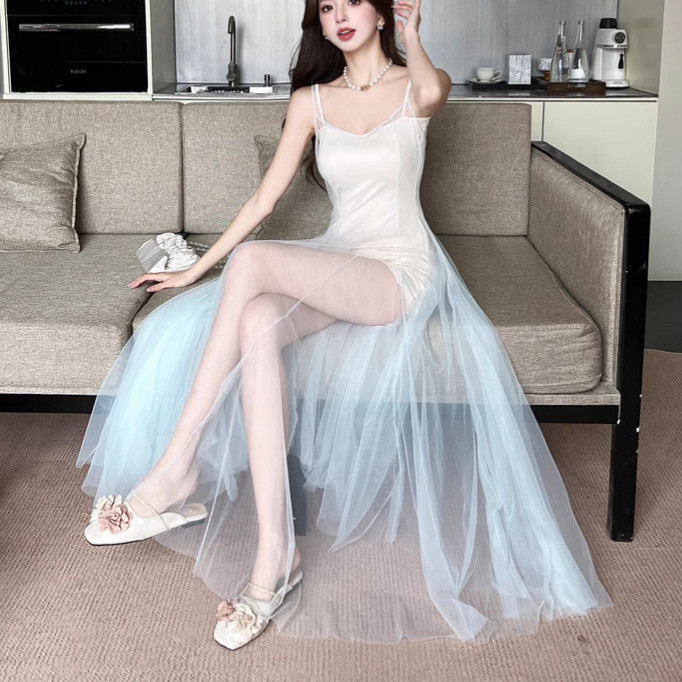 Đầm camisole lưới màu xanh bạc hà cho phụ nữ, đầm camisole bên trong có đệm ngực, đầm thon gọn eo, đ