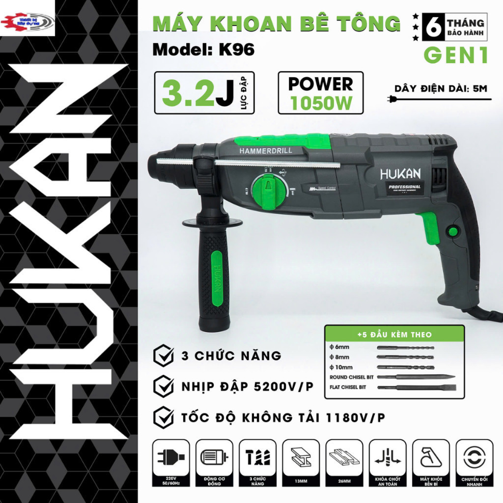 Máy Khoan Bê Tông HUKAN K96 3 Chức Năng Đa Năng Khoan - Cắt - Đục , Công Suất 1050W. Thiết bị giá tố