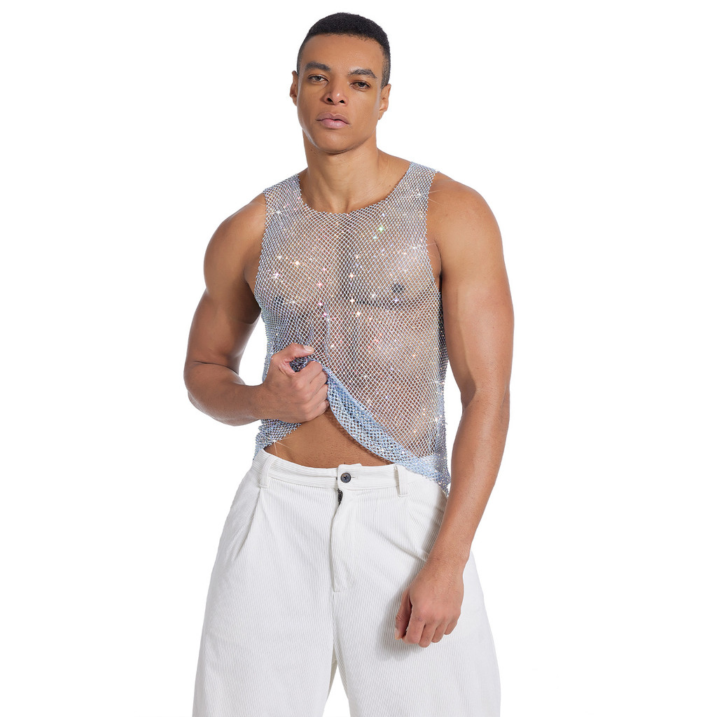 Quần lưới nam thiết kế kim cương giả, gợi cảm cho hộp đêm và vest dạ hội