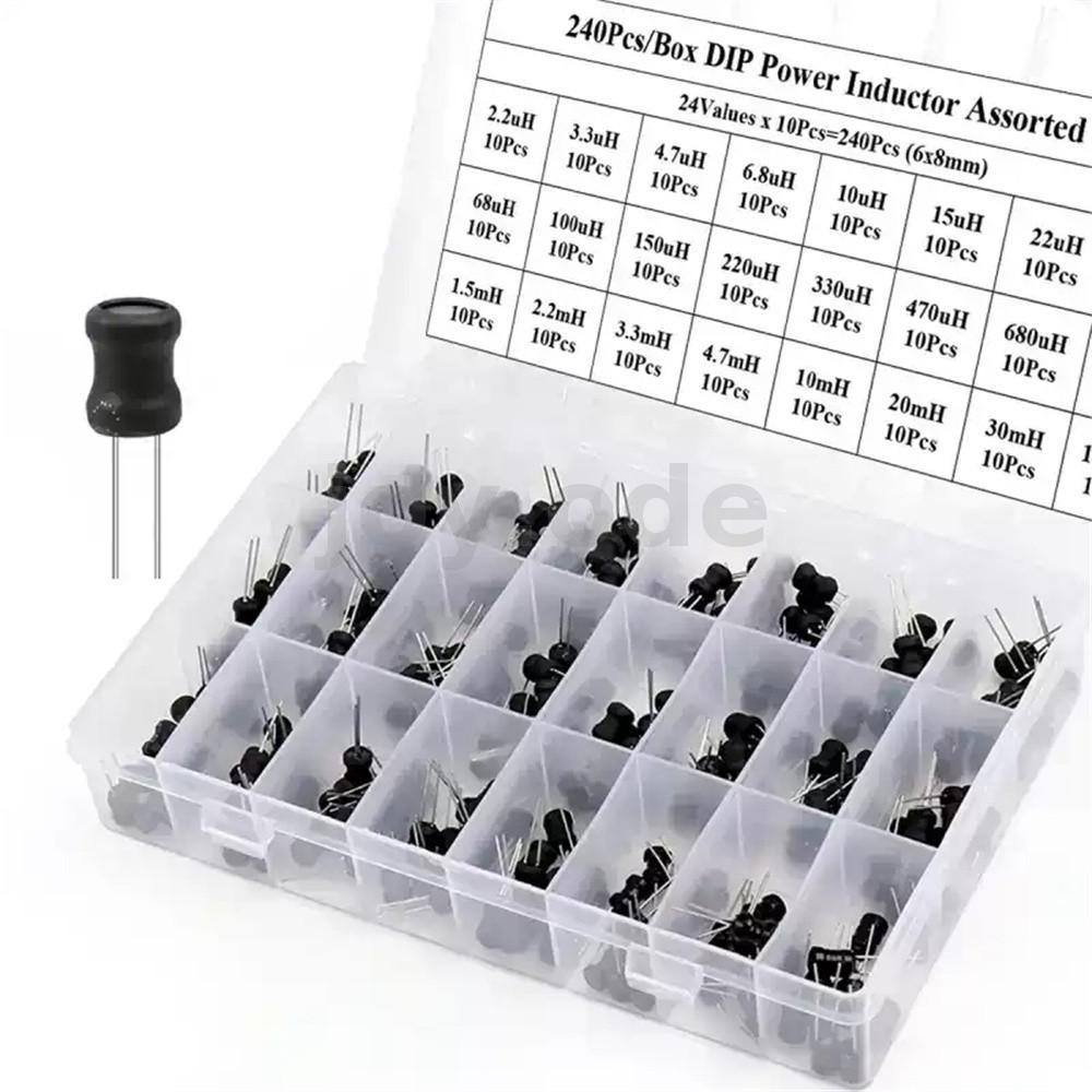 240 Chiếc 24 Loại / Hộp DIP Điện Cuộn Cảm Các Loại Bộ 24Values x 10 Cái Điện Cảm 6x8mm 2.2uH-100mH P