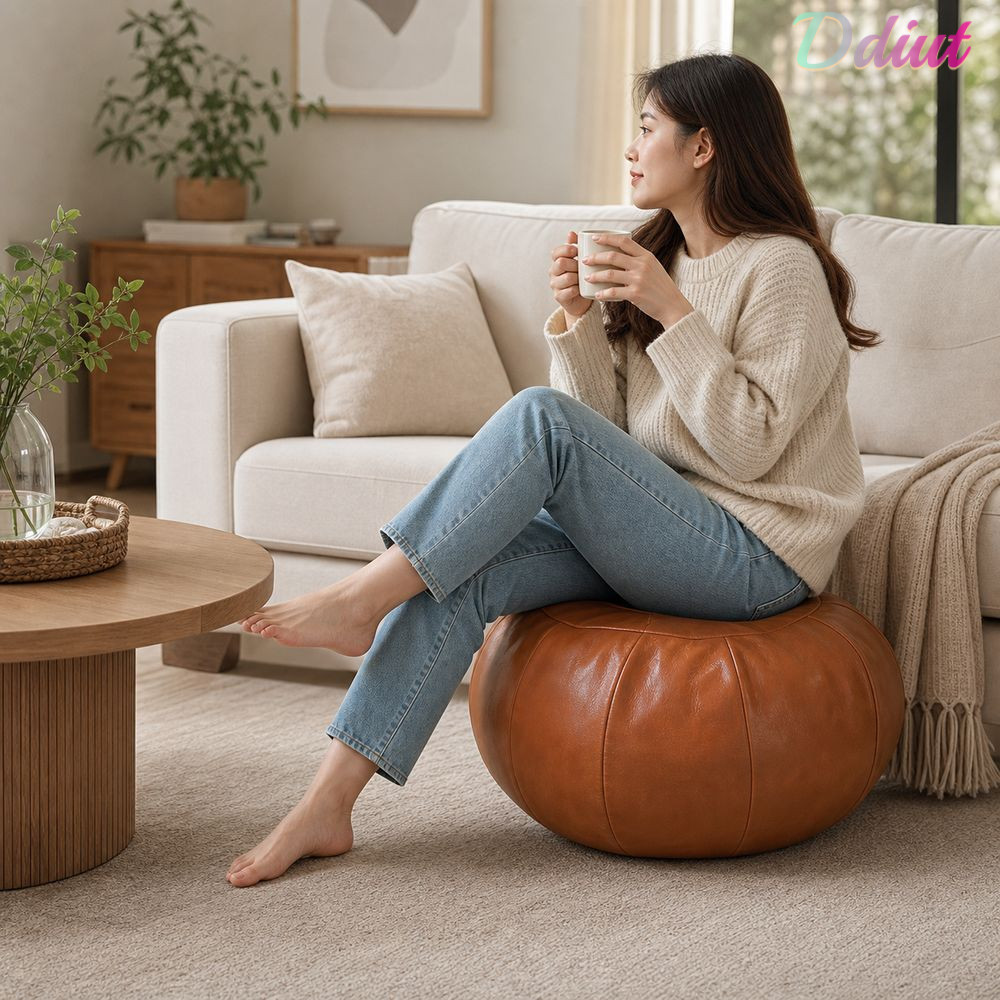 DDIUT Foottool Cover, PU Leather Ottoman Pouf, Hình Bí Ngô Có Thể Gập Lại Tròn Pouf Cover Lưu Trữ Đa