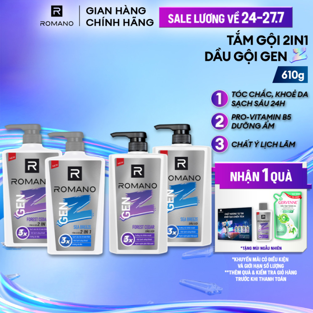 Tắm gội cho nam 2in1 cho nam / Dầu gội nam Romano Gen Z hương Sea Breeze/ Forest Cedar 610g / chai -