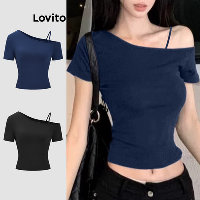 Áo thun Lovito Phong cách thường ngày màu trơn bất đối xứng dễ thương cho nữ L122AD018