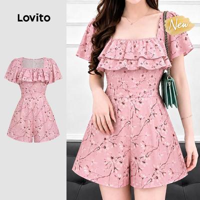 (New Arrival) Lovito Áo liền quần phong cách bohemian nhún bèo họa tiết lão thị phong cách nghỉ dưỡng mùa xuân/hè màu hồng L199ED102