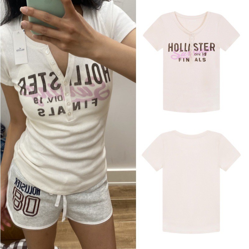 Hàn Quốc Hollister Nhỏ Seagull Cổ Điển Henry Cổ Chữ In Slim Áo Thun Tay Ngắn Hot Girl Top