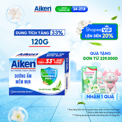 [TĂNG 33% DUNG TÍCH] Xà phòng Aiken sạch khuẩn Dưỡng Ẩm Mềm Mịn chiết xuất Trà xanh 120g