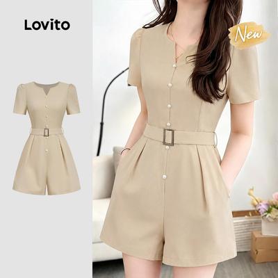 (New Arrival) Lovito Bộ áo liền quần thanh lịch có đai thắt phong cách đi làm/dạo phố mùa xuân/hè màu kaki nhạt dành cho nữ L199ED103