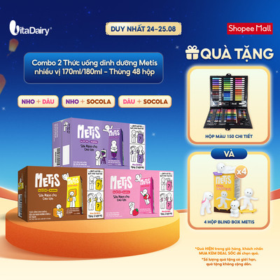 [COMBO 2 THÙNG 48 HỘP] Thức uống dinh dưỡng Metis hương socola, dâu, nho 170ml/180ml - Thơm ngon dễ uống