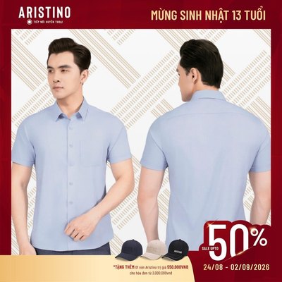 Áo Sơ Mi Nam Tay Ngắn Xanh Trơn Aristino Perfect fit Suông Rộng Chất Liệu Visco Mềm Mại ASS036AS3