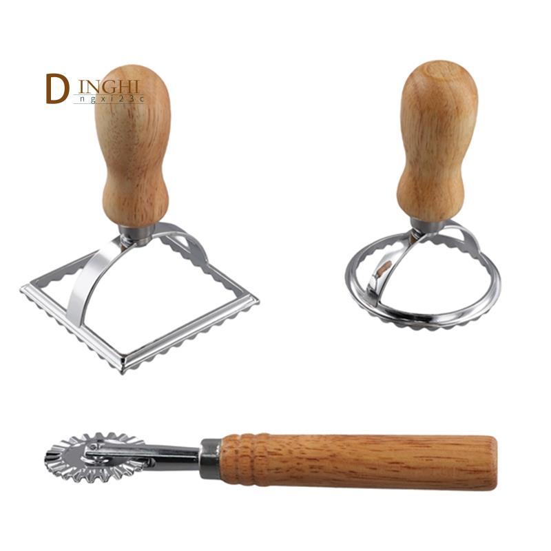 3 Máy Cắt Tem Ravioli Có Bộ Bánh Xe Con Lăn, Khuôn Có Tay Cầm Bằng Gỗ Cho Pasta, Bánh Bao Lasagna, B