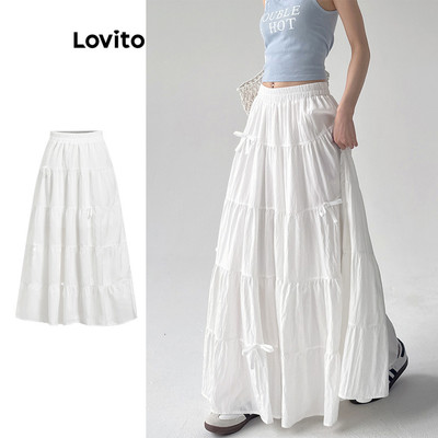 Lovito Phong cách thường ngày Váy lãng mạn Nơ trơn xếp nếp Váy xếp nếp cho nữ L98AD095