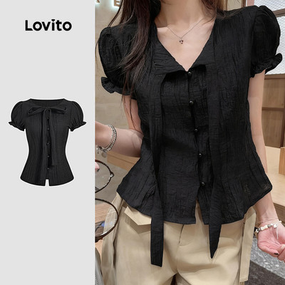 (NEW) Lovito Áo sơ mi nữ cổ quấn thắt dây nút mùa xuân hè màu đen L154LD116