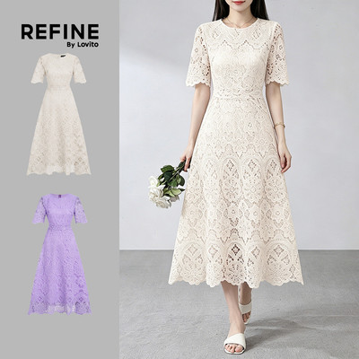 Đầm ren hoa xuyên thấu dáng xòe nữ tính màu tím (Refine by Lovito), xuân hè LR35E050