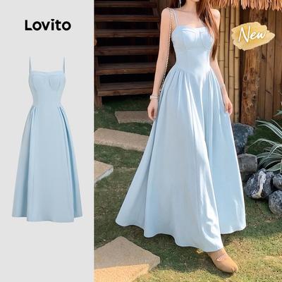 (New Arrival) Lovito Váy Boho Đơn Giản Giải Trí Xuân Hè Xanh Dương Cho Nữ DRB200TD079