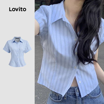 (New) Lovito Áo sơ mi thắt nút phong cách thường ngày phối kết vảiTexture Áo sơ mi mùa xuân/hè màu xanh cho phụ nữ L144AD218
