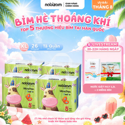 COMBO 4 Tã/Bỉm Quần NABIZAM UltraThin Công Nghệ Thấm Hút Từ Hàn Quốc, Mỏng Nhẹ Và Chống Tràn Size XL /từ 12kg/26 miếng