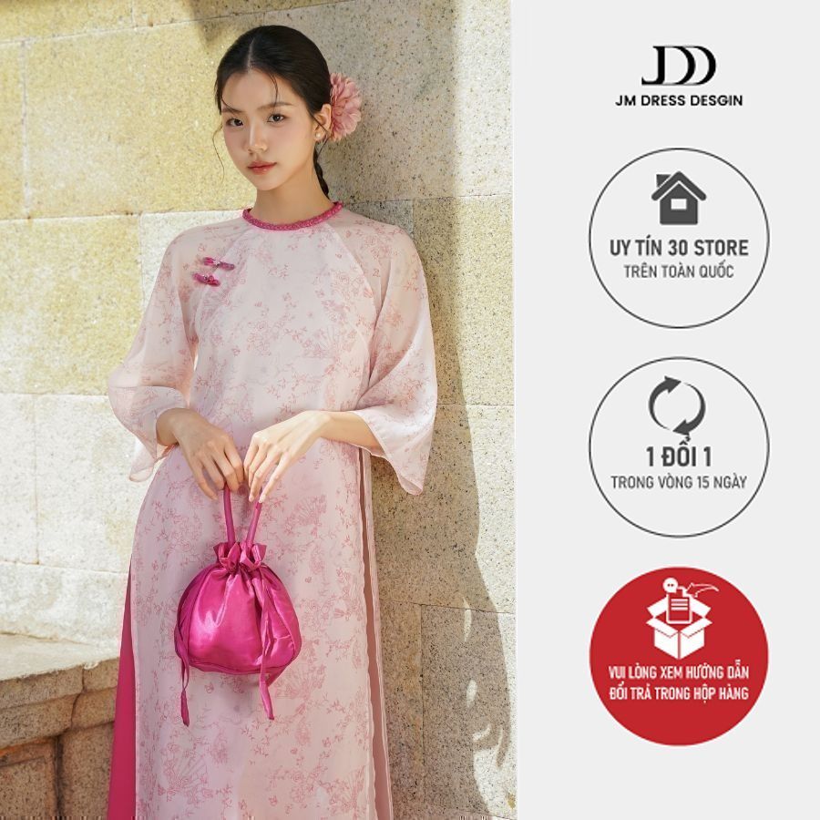 Áo dài Bạch Ngọc - Áo dài suông đính nơ in họa tiết 2M02.2410OG, áo dài cách tân thiết kế bởi JM Dre
