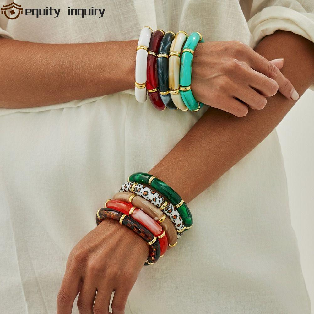 equity inquiry Vòng tay acrylic ghép nối phong cách Boho, họa tiết da báo, co giãn thời trang, Equit