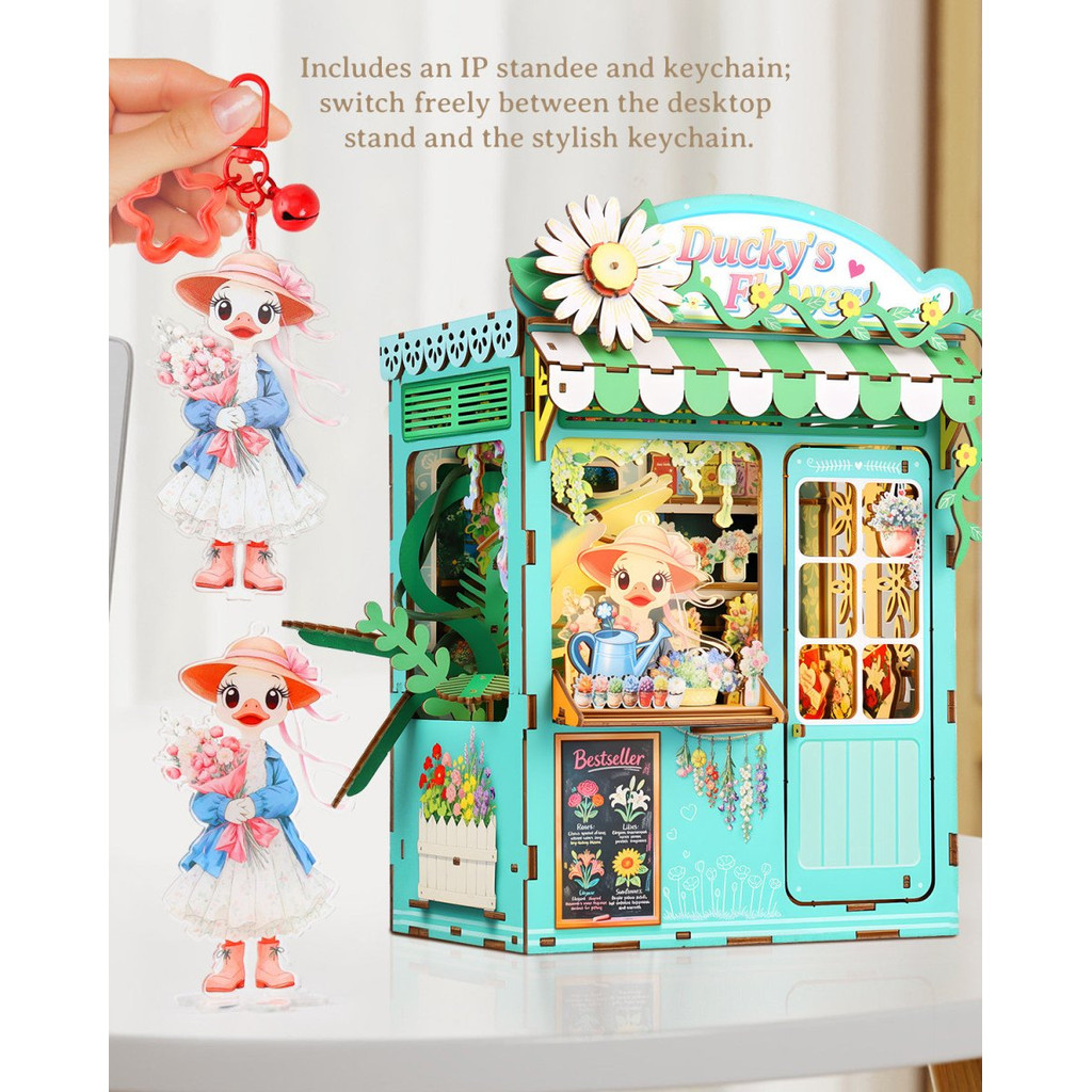 Ducky 's Flower Shop Book Nook Kit 3D Câu đố bằng gỗ DIY Nhà búp bê thu nhỏ có đèn LED Đồ chơi giáo 