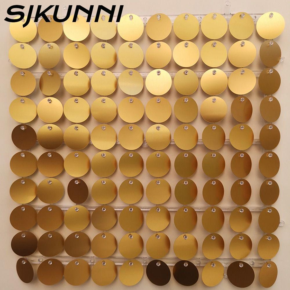 SJKUNNI Sequin Panel Trang trí tường, Phông nền sequin vàng PET, Tấm trang trí hình tròn lấp lánh th