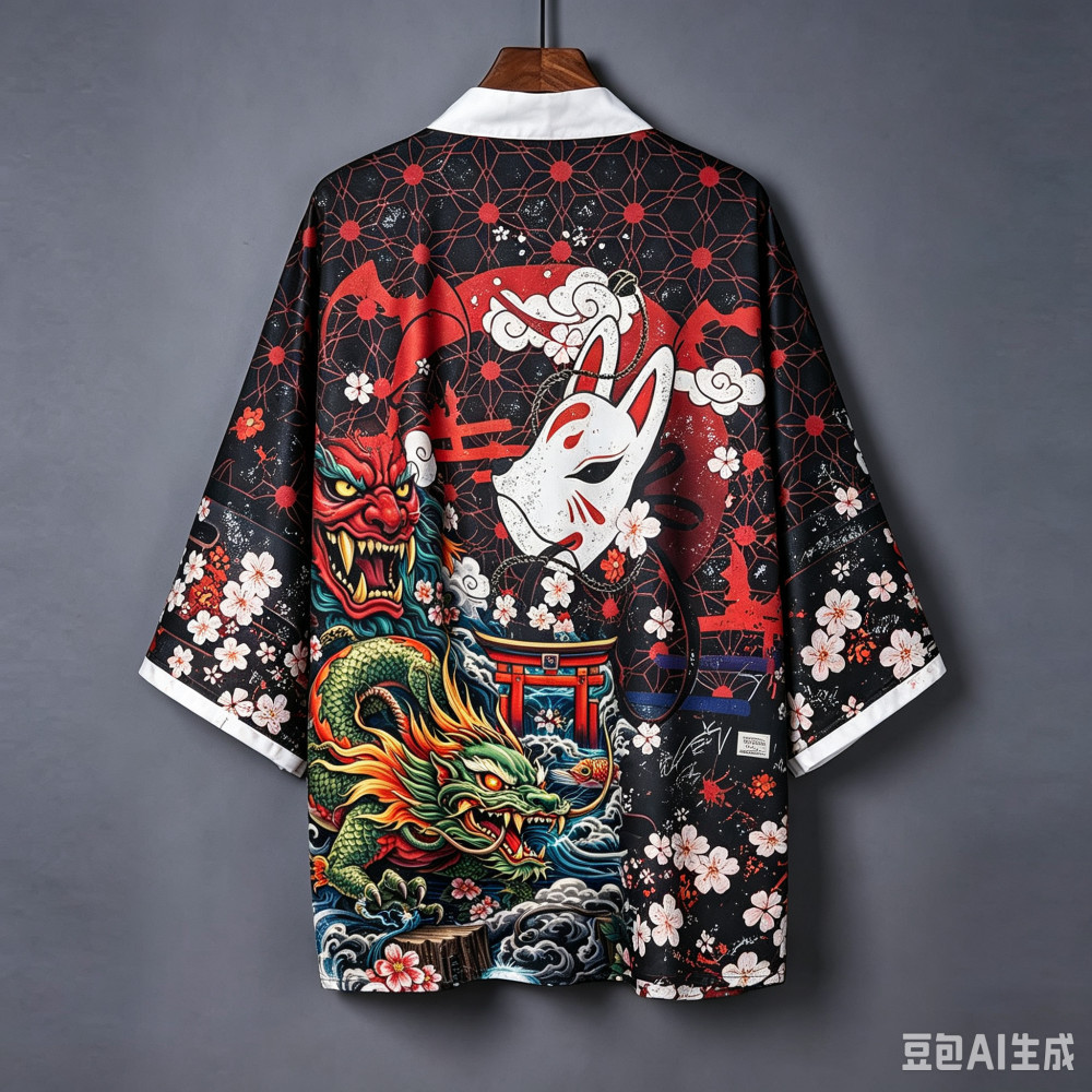 Nhật Bản Kitsune Mask Dragon Torii ‐ Gate Haori Kimono Open ‐ Front Cardigan, Áo khoác ngoài thông t