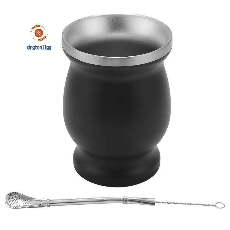 Yerba Mate Gourd Set Cốc trà không gỉ hai lớp và Bombilla 8 Ounce Bombillas Yerba Mate Straw - Đen