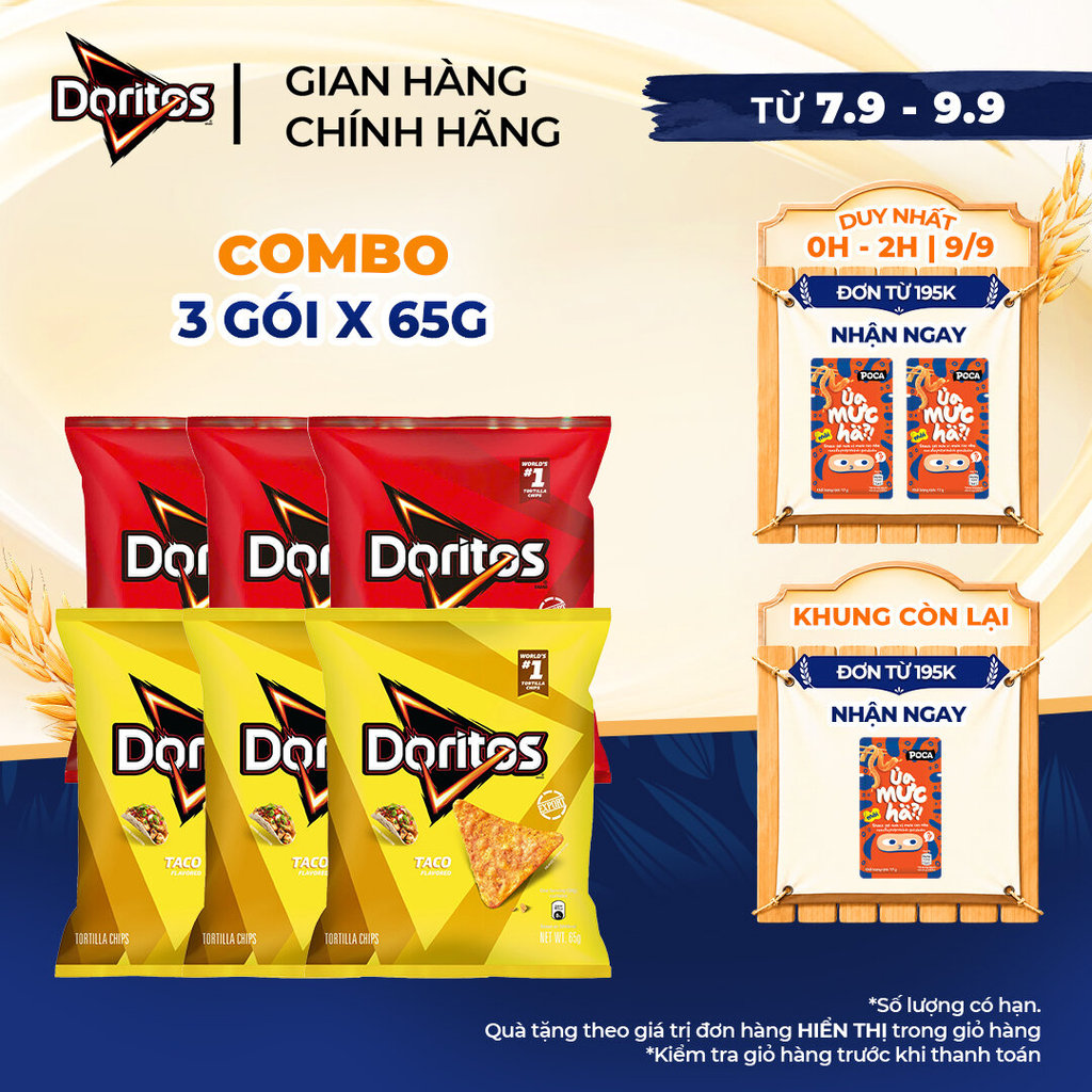 Combo 3 Gói Snack Ngô Giòn DORITOS 65G Vị Nacho Cheese/Taco - Snack tortilla tẩm vị đậm đà kiểu Mỹ