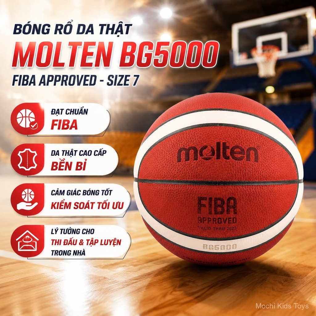 Bóng rổ số 7 da bò Molten BG5000 đạt chuẩn FIBA, dùng thi đấu tập luyện trong nhà, bền