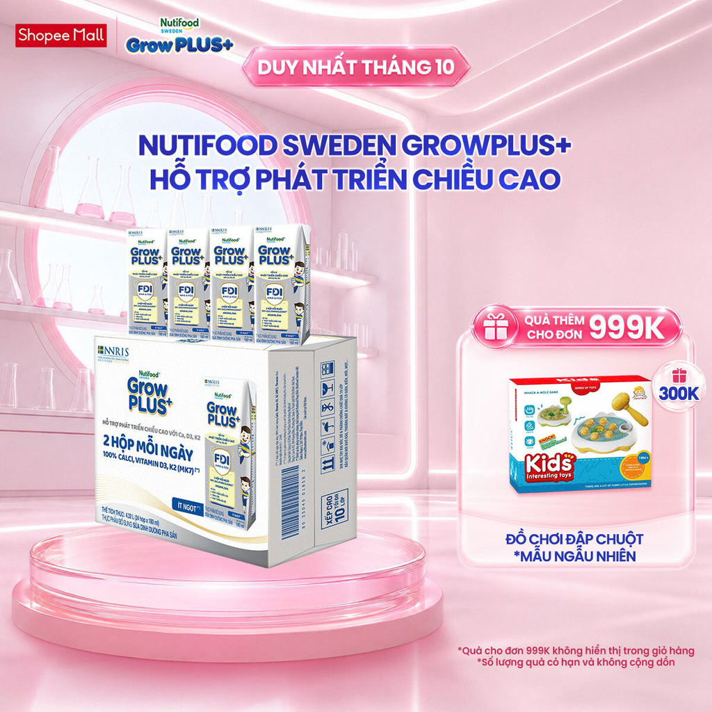 Thùng 24 hộp Sữa Bột Pha Sẵn Nutifood Sweden GrowPLUS+ Cao lớn vượt trội hộp 180 ml