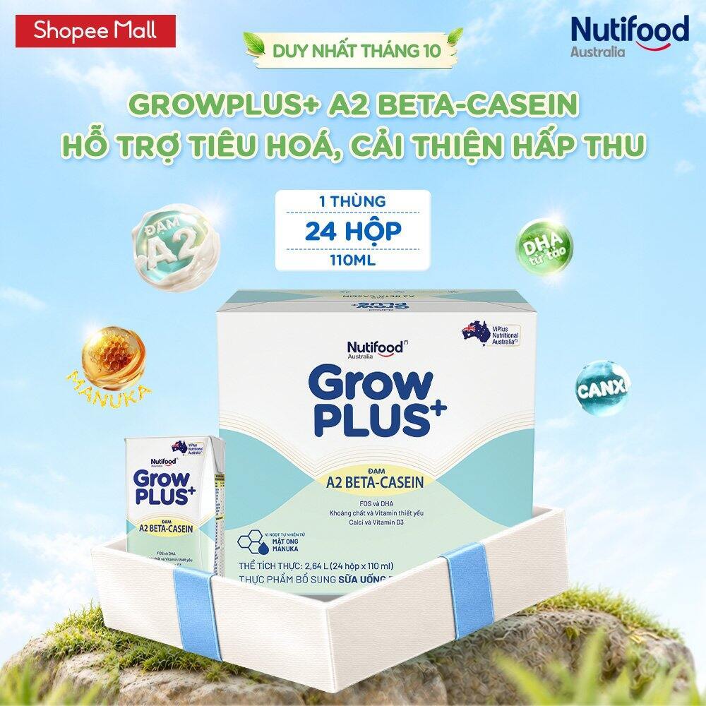Thùng 24 hộp Sữa bột pha sẵn GrowPLUS+ Đạm A2 Beta-Casein Hộp 110ml hỗ trợ…