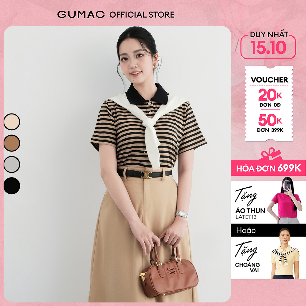 Áo thun polo nữ sọc ngang thun gân mềm nhiều màu be nâu đen xám thời trang GUMAC LPLF1103