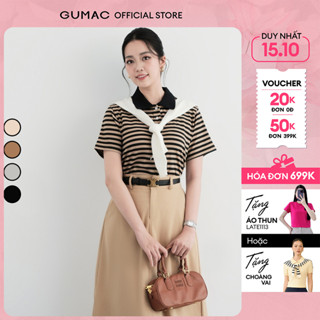 Áo thun polo nữ sọc ngang thun gân mềm nhiều màu be nâu đen xám thời trang GUMAC LPLF1103