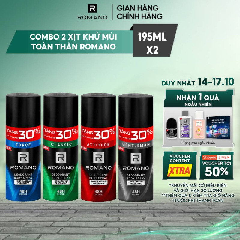 [TĂNG 30% DUNG TÍCH] Combo 2 Xịt toàn thân Romano ngăn mồ hôi và mùi cơ thể cho nam (195ml x 2)