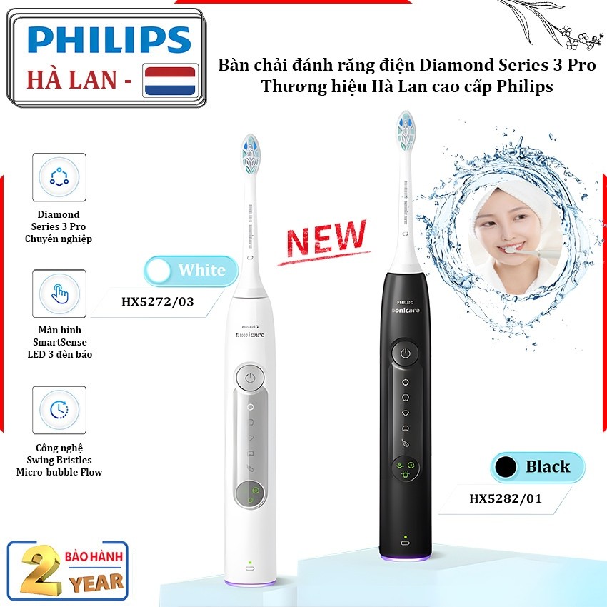 [BH 24 THÁNG] Bàn chải đánh răng điện Diamond Series 3 Pro - HX5272/03 và HX5282/01