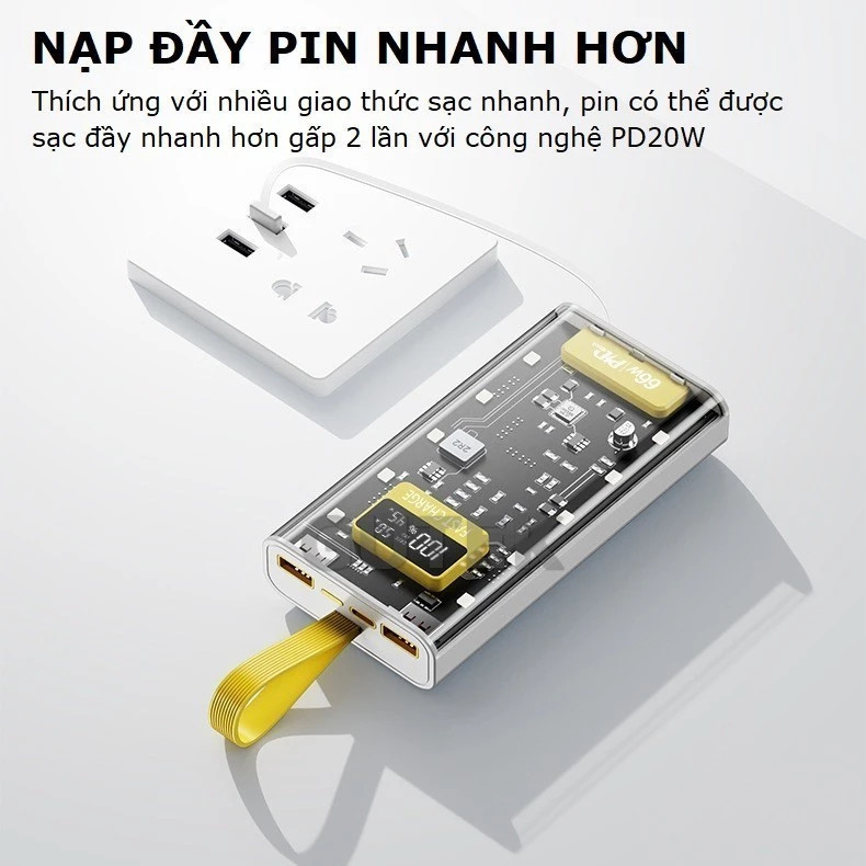 Sạc Dựng Phòng Trong Suốt 50000mAh Với 2 Cổng Sạc Nhanh 22.5w và PD 20W Kèm 4 Đầu Sạc Màn Hình LED- DL Tech | BigBuy360 - bigbuy360.vn