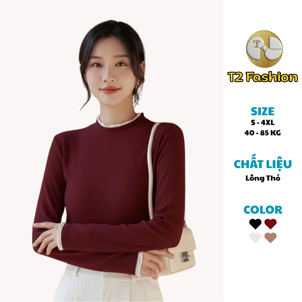(Deal Mở Bán) Áo Giữ Nhiệt Lông Thỏ Cổ 3 Phân Phối Ren Xinh Xắn Mềm Mại T103 - T2 Fashion