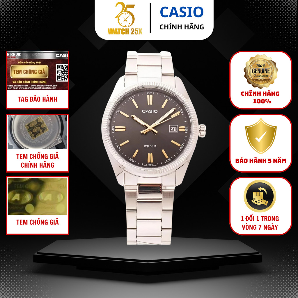 Đồng Hồ Nam CASIO MTP-1302D-1A2VDF Watch25x - Mặt Đen Cổ Điển Dây Kim Loại Bền Bỉ Chịu Nước Tốt