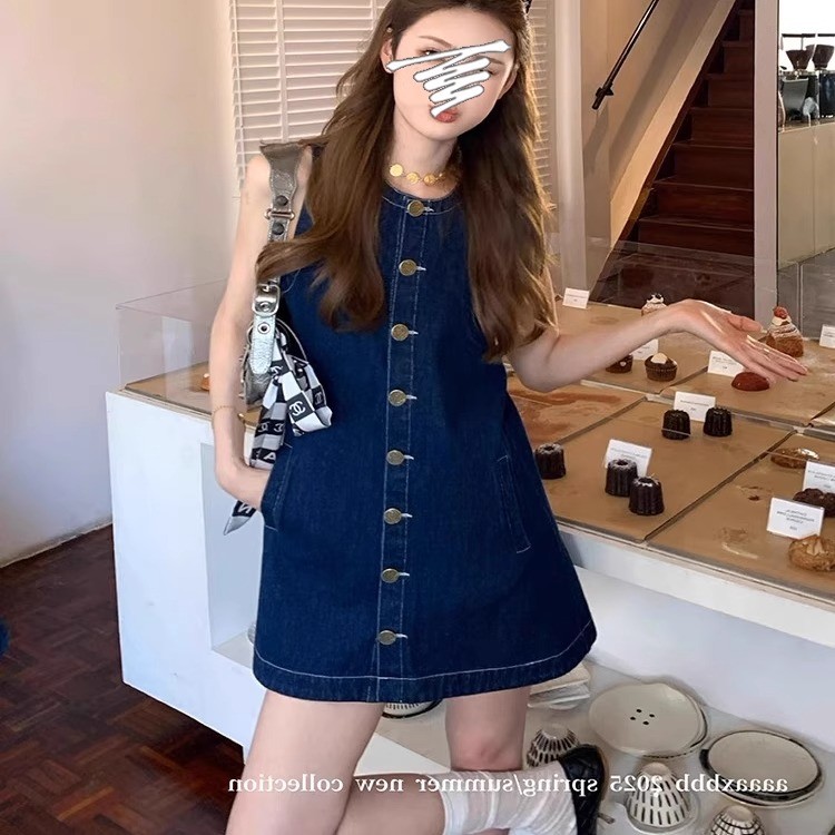 Nam Pháp Lakeside Denim Vest Váy Đơn-Bện Retro Thời Trang Hơi Hẹp-Waist