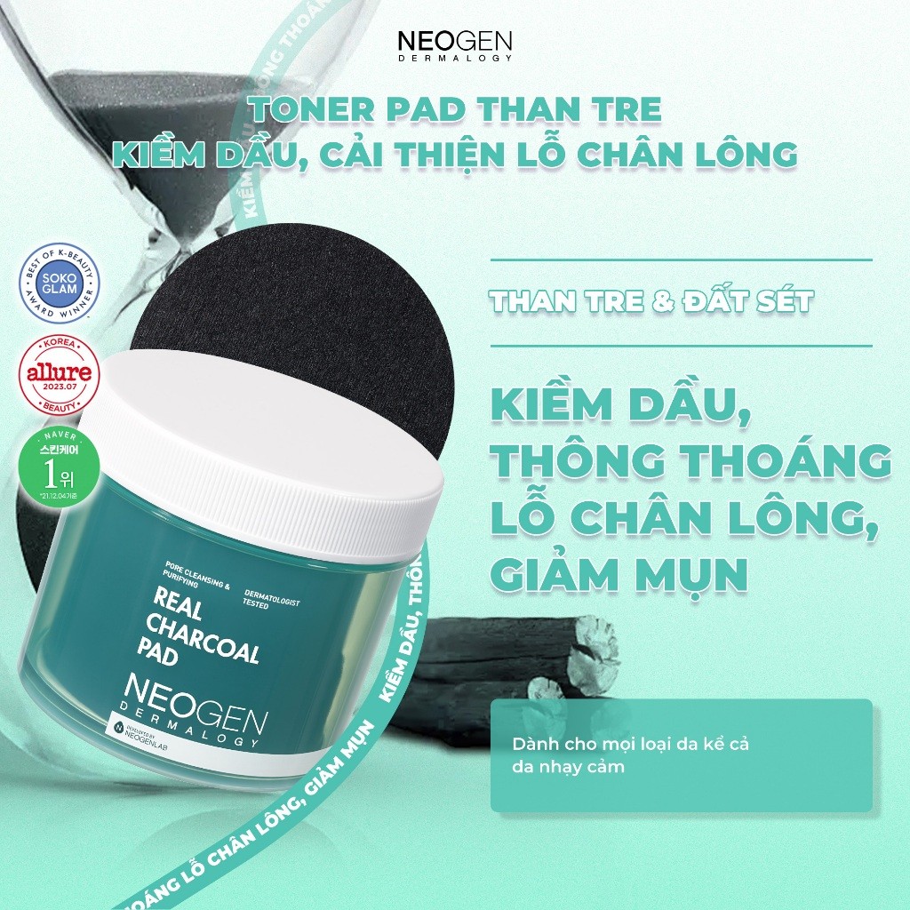 Toner Pad Than Tre Kiềm Dầu, Giảm Mụn Neogen Dermalogy Real Charcoal 60 miếng