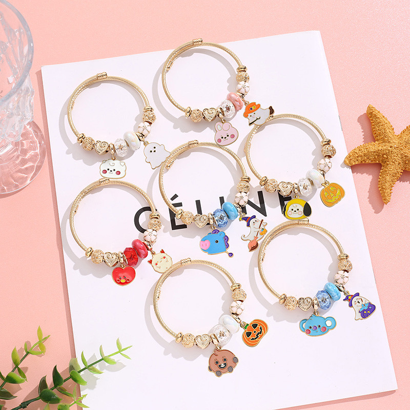 XiaoboACC Nữ Cá Tính Thép Không Gỉ Hoạt Hình BT21 Charm Mở Vòng Tay Halloween