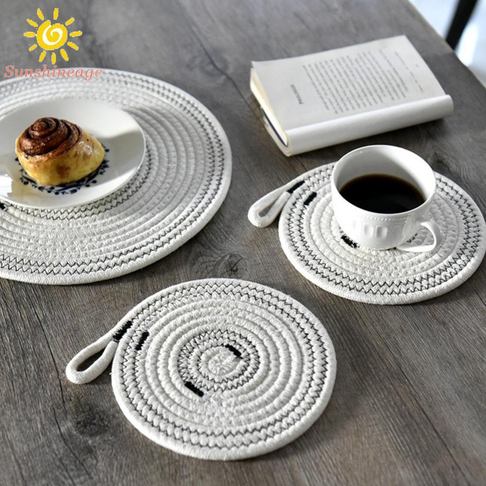 Coaster tròn 30x30x2cm Vải lanh Cotton trắng dệt cách nhiệt Placemat
