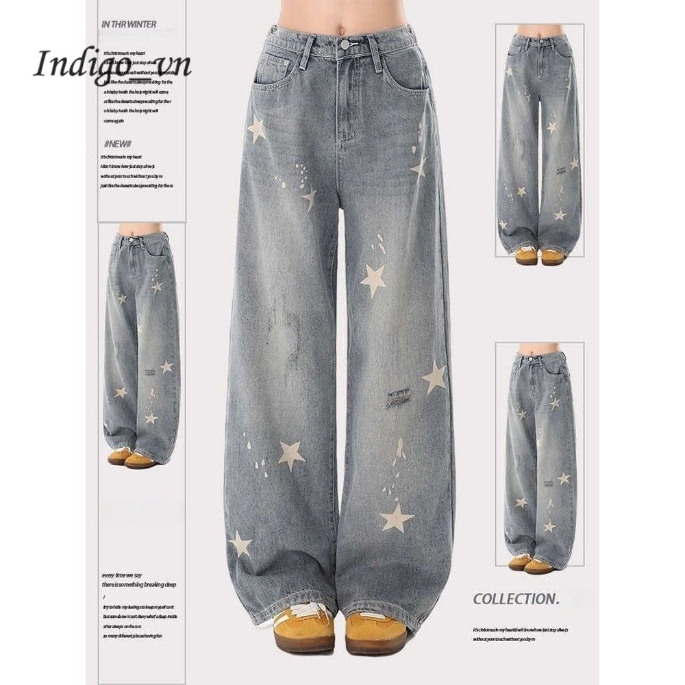 【Indigo】 Quần Jean In Hình Ngôi Sao Rộng Rãi Cạp Cao Quần Jean Ống Rộng