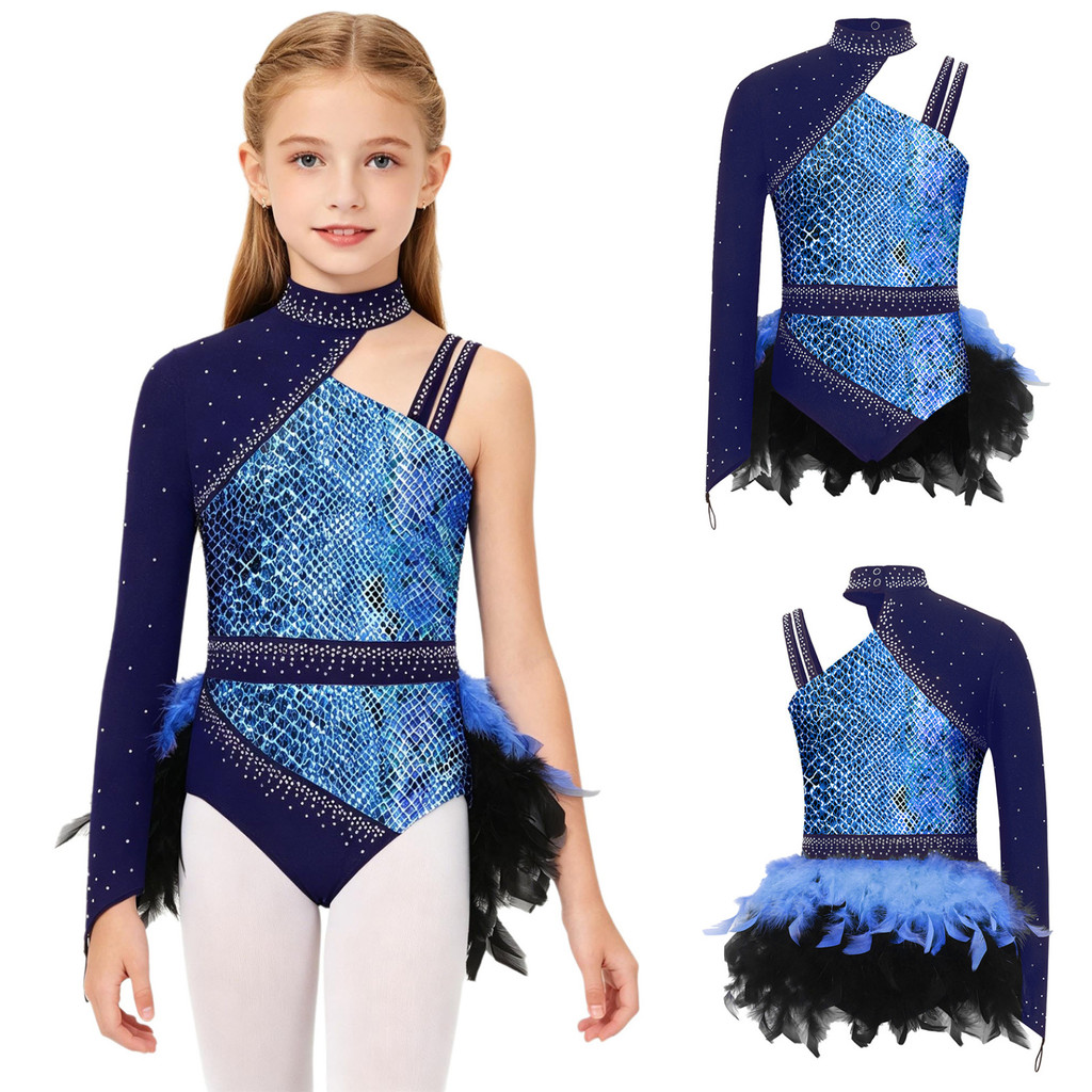 Oyolan Kid Girls Rhythmic Gymnas Feather Decor Body Dress Ballet Latin Jazz Lyric Dance Thi đấu Sân 