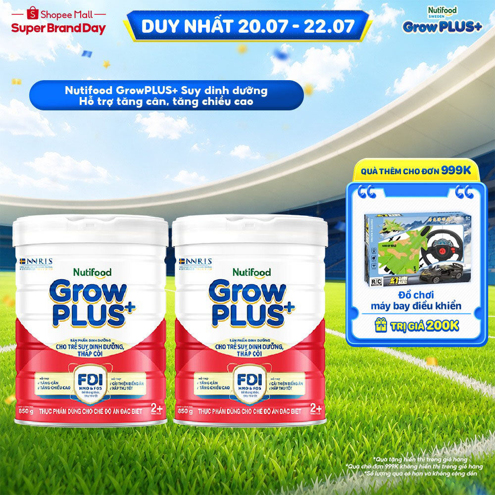 Combo 2 Sữa bột Nutifood GrowPLUS+ Đỏ (Suy Dinh Dưỡng) trên 2 tuổi (2 lon x 850g) - Grow Plus+