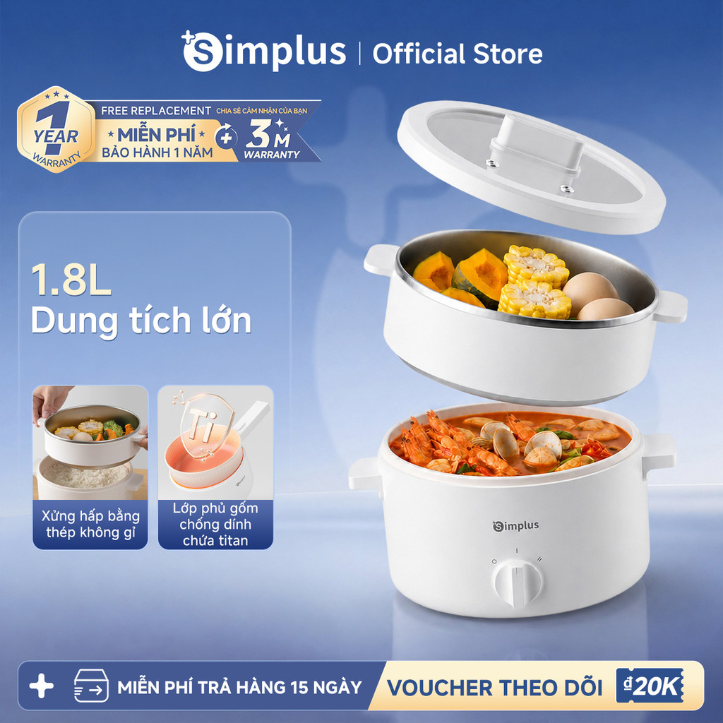 Simplus Nồi lẩu điện Dung tích 1.8L  Nồi điện đa năng  Công suất 600W  Nấu nấu đa năng Hấp và luộc c